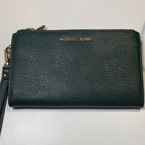 Michael Kors Dark Green Wristlet with Gold Accents